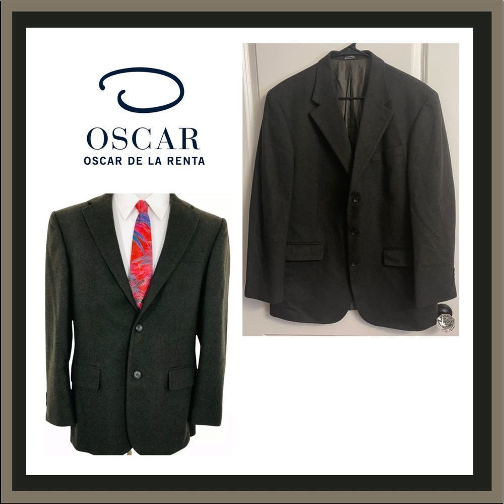 Oscar De La Renta Cashmere Wool Blend Blazer in Dark Green/Grey Size 42R